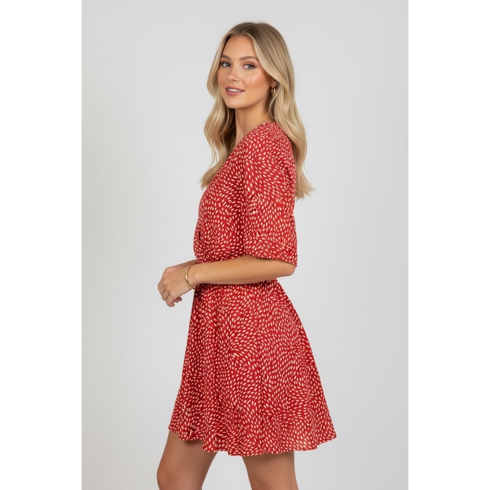 Suzy‎ Shier Red Leaf Print V-Neck Puff Sleeve Mini Dress Size Large Casual Boho